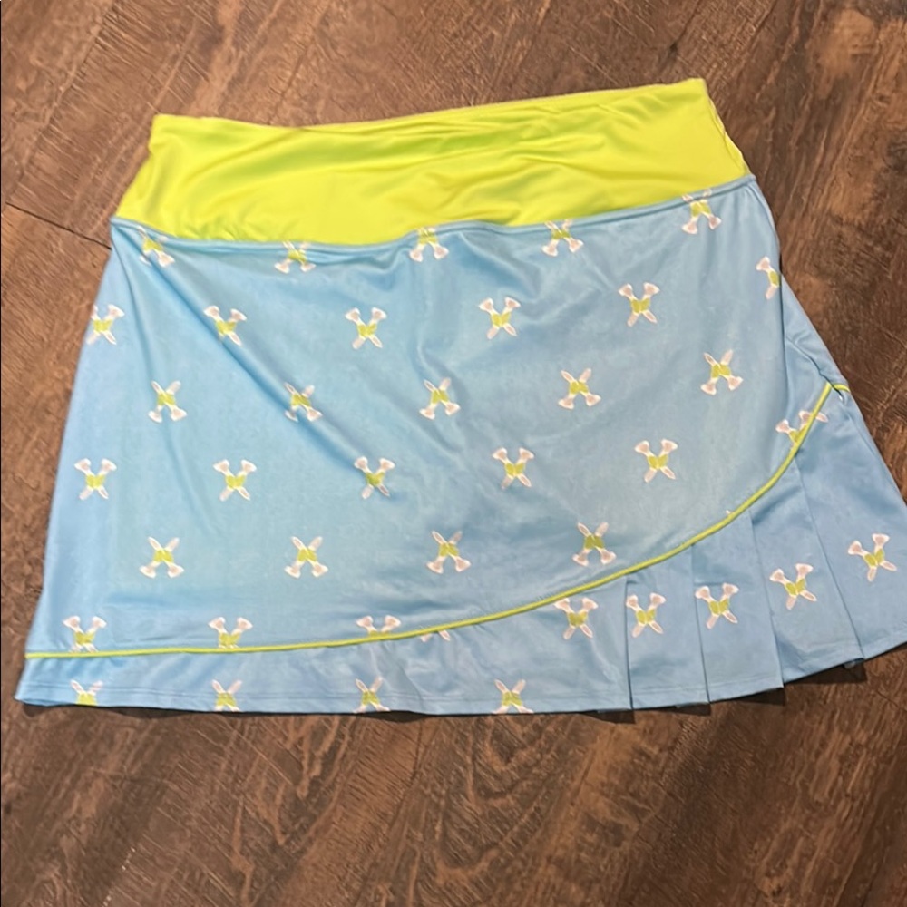 Ladies BIRDIES AND BOWS Blue & Lime Green Golf Tennis Knit‎ Skort size XL